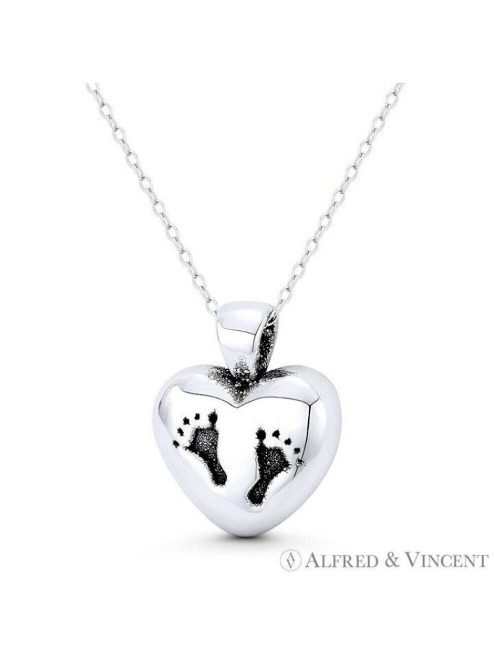 Heart & Baby Footprint Motherhood Charm Pendant in Oxidized .925 Sterling Silver